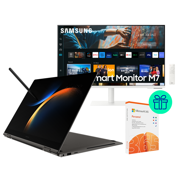 Pack Portátil 16" Samsung Galaxy Book3 Pro 360 Graphite + Smart Monitor Samsung M7 White 32" + Microsoft 365 Personal de regalo