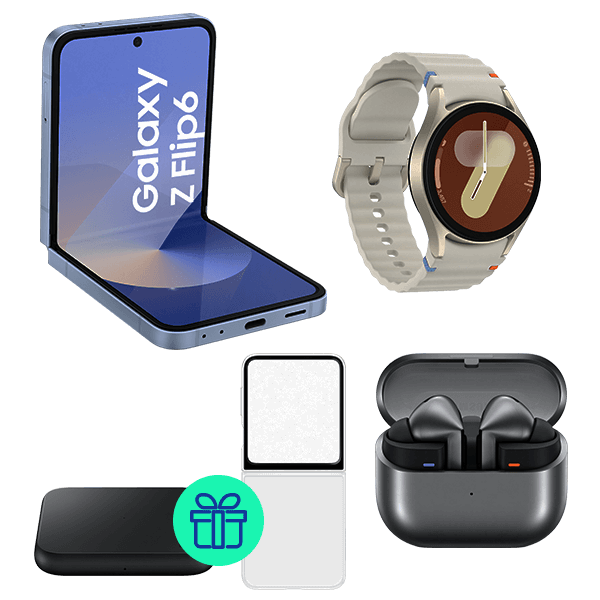 Pack Galaxy Z Flip6 256GB Blue + Watch7 40mm BT Beige + Buds3 Pro Gray + Case + Charger as a gift